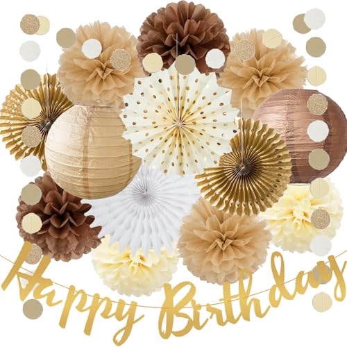 Brown Birthday Party Decorations White Brown Champagne Rustic Birthday Party Decoration Paper Pom Poms Flowers Hanging Paper Fans for Neutral Bear Baby Shower Boho Party Decoration