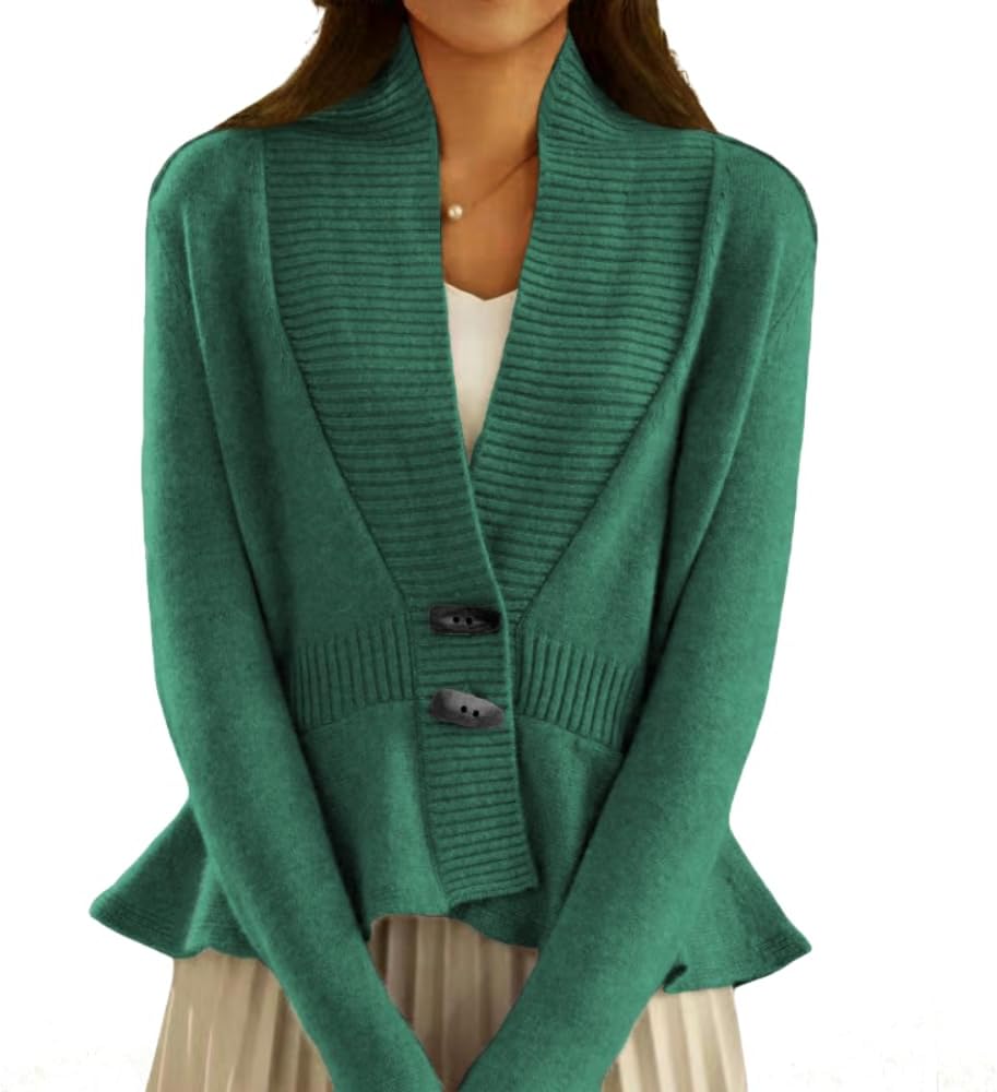 Women's Fall Ribbed V-Neck Vintage Cardigan Sweater Toggle Button Down Peplum Tops for Women