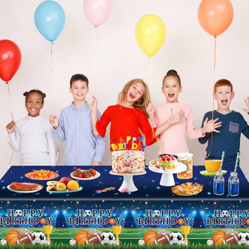 Image of LINHAXM 4 Pack Sports Tablecloths, 54 x 108 Inch, Multicolor, Rectangular, Plastic, Sports Party, Spill Resistant, Wipe Clean