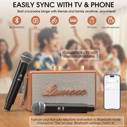 Image of Karaoke Machine for Adults,2 Wireless Microphones for Karaoke Speaker, Portable Microphone and Speaker Support Four-Channel Microphone Expansion for Home Part,Car,Indoor /Vintage Gifts-Brown