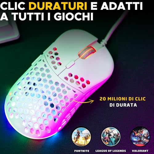 The G-Lab – Kult Oxygen – Mouse Gaming con Filo ad Alte Prestazioni 12.800 DPI – Massima Reattività, RGB 100% Personalizzabile, 6 Pulsanti Programmabili, Ambidestro, Silenzioso – Bianco – Novità - Mouse gaming - Immagine 5