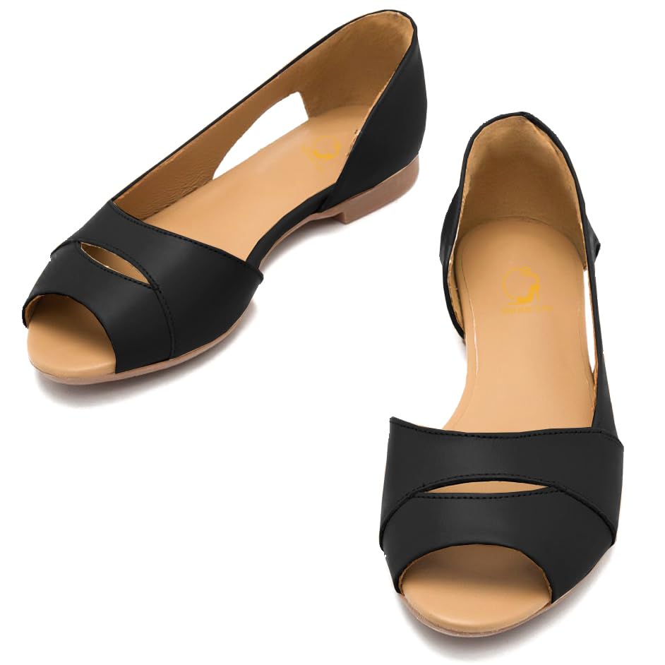 SHODENSE Women Open Peep Toe Flat Shoes Slip On Cutout Flat Sandals Round Toe Matte Leather Ballet Flats Office Work Comfort Flat Heel Summer Shoes for Ladies Girls Casual Driver Flats Club 4-11 M US