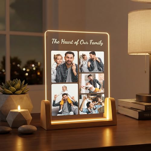 Image of Giftplease Custom Fathers Day Tabletop Rectangular Acrylic Wood Photo Frame | Warm Led Light Base Personalized Picture Layout Desktop Night Decor Standee for Dad Papa Husband Stepdad Grandpa