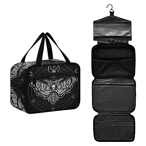 MNSRUU Hanging Toiletry Bags for Women Travel, Gothic Black Skull Moth Toiletry Organizer Portable Travel Toiletry Bags Clear Wash Bags Makeup Bag Cosmetic Bag