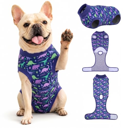 Image of PetWarm Surgery Recovery Suit Spay, Onesies for Dogs, Dog Cone Alternative After Surgery Substitute E-Collar and Cone Prevent Dog Onesies Pet Recovery Suit, Dinosaur Pattern, Blue Purple, XS