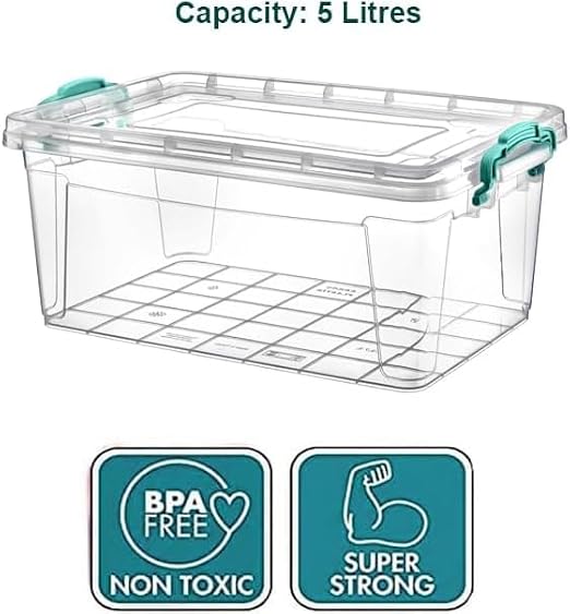 Best House| Plastic Storage Box with Clips & Lid | Size 5L (L:32.2cm W:20.5cm H:13.6cm)| Set of 2| Rectangle|Stackable Clear Durable Multipurpose Office Home Kitchen Tool Versatile(SMALL Size)-5Litres
