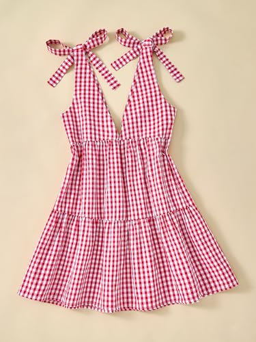 Women's Plaid Tie Shoulder Mini Dress Ruffle Hem Deep V Neck Sleeveless A Line Y2k Dresses2