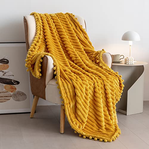 Dissa Fleece Blanket Throw Size – 51X63, Wide Stripe, Yellow – Soft, Plush, Fluffy, Fuzzy, Warm, Cozy – Perfect Throw For Couch, Bed, Sofa - With Pompom Fringe - Flannel Blanket Throw Blanket #TOP13