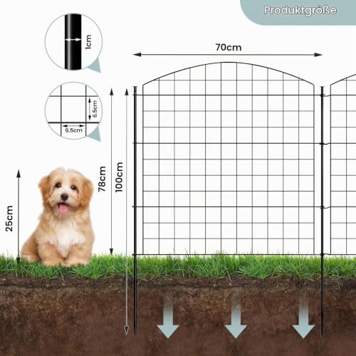 WOLTU Teichzaun Gartenzaun Komplettset 78cm hoch, 10 Zaunelemente 11 Befestigungsstäbe, Steckzaun Metall, Gitterzaun Oberbogen, Zaun für Hunde, Schwarz