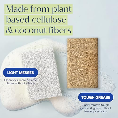 Image of FABTAB Cocofiber Kitchen Sponges - Pack of 6 Biodegradable Compostable Cellulose and Coconut Scrubber Sponges - Eco-Friendly Dish Cleaning Sponges