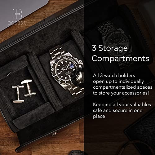 Boshku Leather Watch Roll Travel Case – Watch Travel Case For Men – Travel Watch Cases For Men – 3 Watch Case Travel – Black Watch Roll Case – Leather Watch Case Travel – Watch Leather Travel Case #TOP5