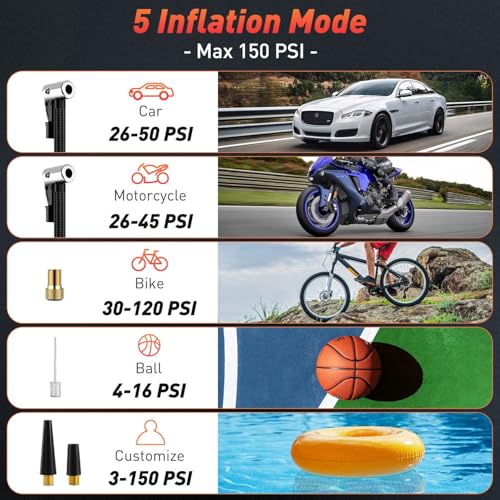 Image of Tire Pump for Bike and Car, Portable Air Pump for Car Tires Cordless Rechargeable, 150PSI Electric Bike Pump w /Pressure Gauge for Motorcycle Ball, Tire Inflator Compressor for Father Day Gifts