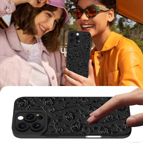 Image of Designed for iPhone 16 Pro Max Case, Cute Rose Flower Floral Pattern Design, Slim Soft TPU Liquid Silicone Protective Cover for Women Girls - Black