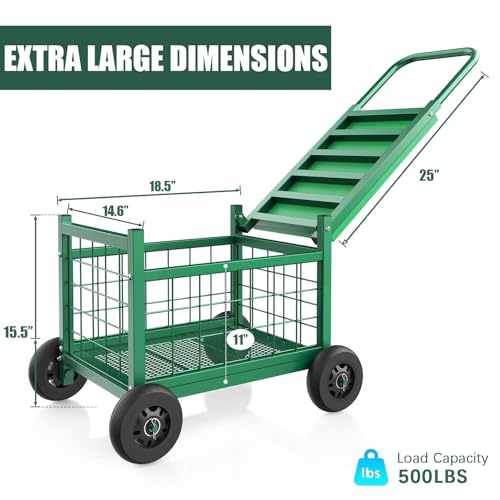 Image of Extra Large Garden Cart with Seat, 3-in-1 Rolling Workseat with Wheels | Upgraded Large Storage Basket Garden Rolling Stools with Wheels, Supports up to 500 LBS for Seniors Gardening, Green