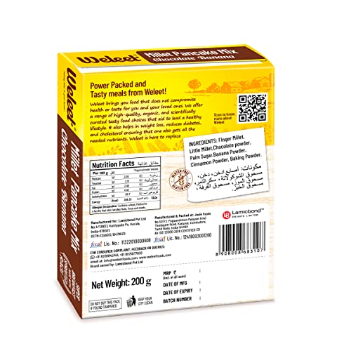 Image of Weleet Millet Pancake Mix | Chocolate Banana Flavour | Pancake Mix Powder, 0% Maida, Gluten Free, Diabetic Friendly - 200 gm, Pack of 1