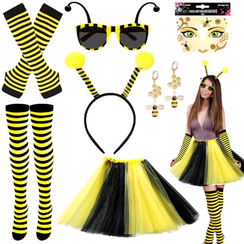 Lot de 7 costumes d'abeilles pour femme avec jupe en tulle, serre-tête, bas rayés, gants, lunettes de tatouage, boucles d'oreilles pour carnaval, fête, cosplay, jaune, M