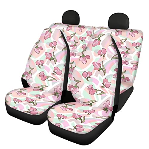 Image of Modysero Floral Flower Print Pink Car Set Cover Full Set Durable Soft Front Rear Bench Seat Cover Set for Women Elastic Breathable Automotive Seat Protector Universal Fit All Cars Trucks