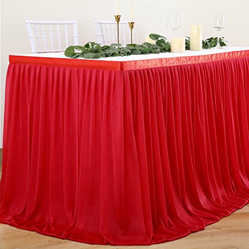 Christmas Red Chiffon 14Ft Table Skirt Wrinkle Free Tulle Table Skirt 6Ft For Rectangle Tablecloth For Weddings Party Birthday Table Decoration #TOP3