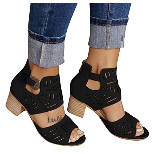 Aniywn New Sandals Women's Peep Toe Cut Out Chunky Stacked Block Heel Ankle Booties Open Toe Mid Heel Sandals Black