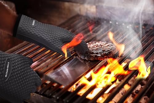 Image of KITCHEN PERFECTION Silicone Smoker BBQ Gloves - Heat Resistant Oven Mitts | Waterproof, 5-Finger Design For A Better Grip, for Pitmasters, Meat Smoking, Grilling, Cooking, Frying Turkey | Grill Gift
