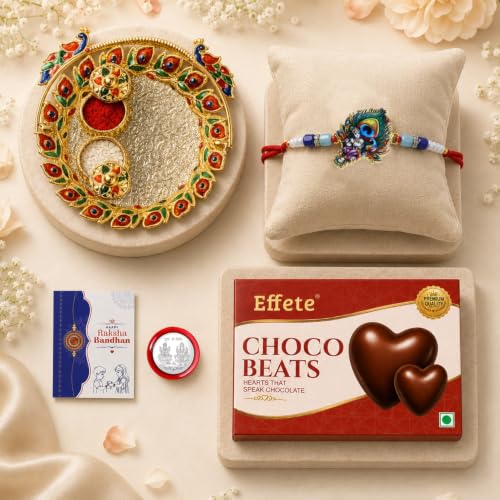 Image of DeoDap Rakhi with Chocolate & Pooja Thali for Bhai - Feather Design Rakhi with Chocolate, Silver Color Coin, Greeting Card, Pooja Thali & Tilak Set - Raksha Bandhan Pack (K1 1957 CB32 AA19)