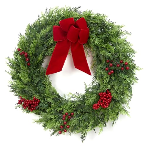 GarveeHome Christmas Wreaths for Front Door, 24 in Large Outdoor Christmas Wreath with Berries Velvet Bow, Winter Artificial Cypress Wreath Xmas Wreat