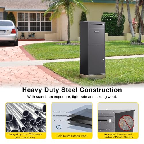Image of Merapi Package Delivery Box, Pre-Assembled No-Install Parcel Drop Box, Weatherproof Anti-Theft Steel Design (Wrought Iron Black)