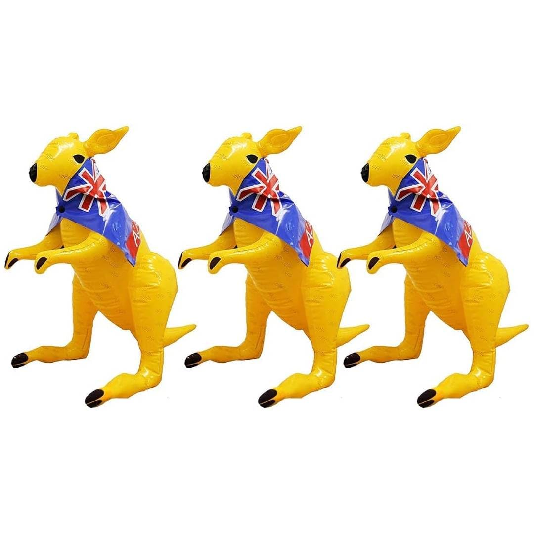 Inflatable Yellow Kangaroo Australian Prop - Pack Of 3 - 70cm Tall Self-Standing Blow Up Mascot with Removable Aussie Flag Cape - Perfect for Australia Day, Sporting Events and National Parties