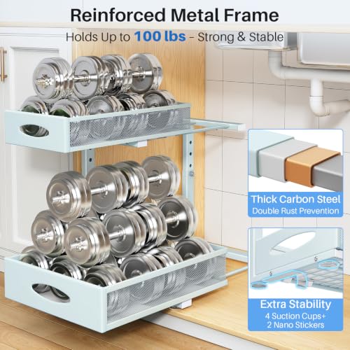 Image of Under Sink Organizer, 2 Tier Pull Out Under Cabinet Organizer Shelf with Pad for Framed Cabinets, Metal Slide Out Under Sink Storage, Mesh Sliding Drawers for Kitchen Bathroom Laundry(Blue, 1 Pack)