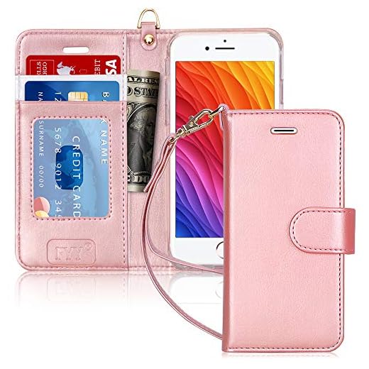FYY Case for iPhone 6/6s, PU Leather Wallet Phone Case with Card Holder Flip Protective Cover [Kickstand Feature] [Wrist Strap] for Apple iPhone 6/6s 4.7" Rose Gold