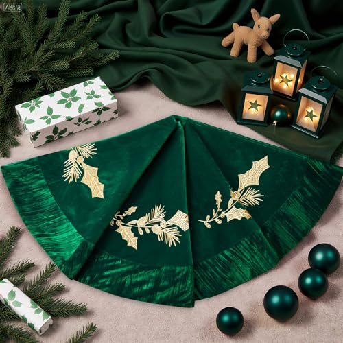 QIJISTORM 48 Inches Velvet Christmas Tree Skirt Decorations Green Luxury Xmas Fur Plush Skirts with Gold Embroidered Holly for Merry Christmas Party Rustic Vintage Holiday Home Winter by QIJISTORM - Image 7
