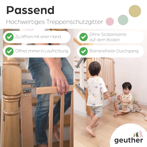 Geuther Treppenschutzgitter Oris | Türschutzgitter zum Anschrauben inkl. 2X Klemmen für Treppengeländer, Breite 95-135 cm | Stabiles Türgitter mit Schwenktür | Kindergitter Holz, Natur lackiert