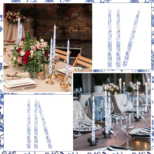 Image of Threlaco 9.8 inch Long Taper Chinoiserie Porcelain Candlesticks Dripless Bridal Wedding Shower Candle Blue White Decorations Unscented Taper Candles for Party Gift Home Decor