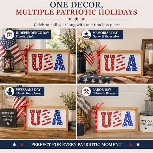 pechpell USA 4th of July Patriotic Wall Decor, 11.8"×5.9" Wooden America 250 Anniversary Sign, Red White Blue Stars and Stripes Independence Day Memorial Day Indoor Table Shelf Office Home Decorations