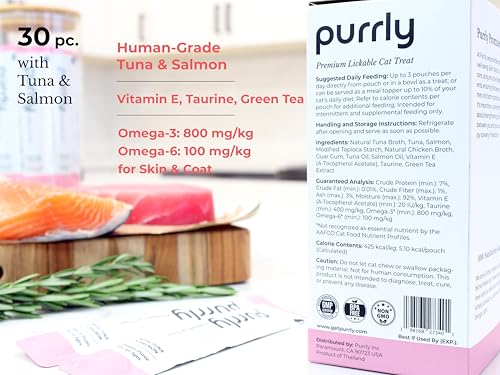 Image of Purrly Squeezable Cat Treats Wet Healthy Interactive Hydrating Human-Grade Tuna & Salmon with Omega-3 & 6 for Skin & Coat (30 Count) Lickable Creamy Puree Topper Wild-Caught No-Artificial-Additives