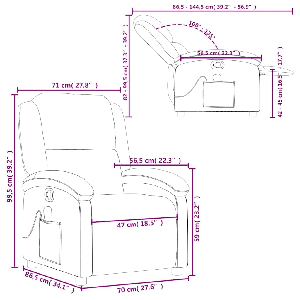 Massagesessel Schwarz Echtleder mit 6-Punkt-Vibrationsmassage, manueller Liegefunktion, Holz- und Metallrahmen, Bequeme Polsterung, Seitentasche, ideal für Wohnzimmer, Büro und Leseecke