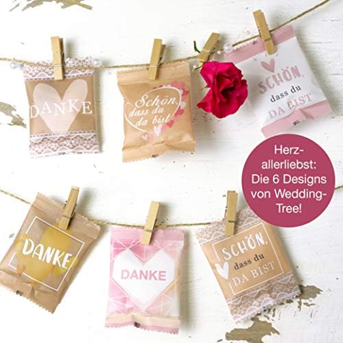 WeddingTree Gumowe serca owocowe "Schön, dass du da bist" 25 x 10 g w małych pudełeczkach z papierem typu kraft, idealne jako prezent dla gości na urodziny, jako dekoracja weselna, vintage lub prezent dla gości
