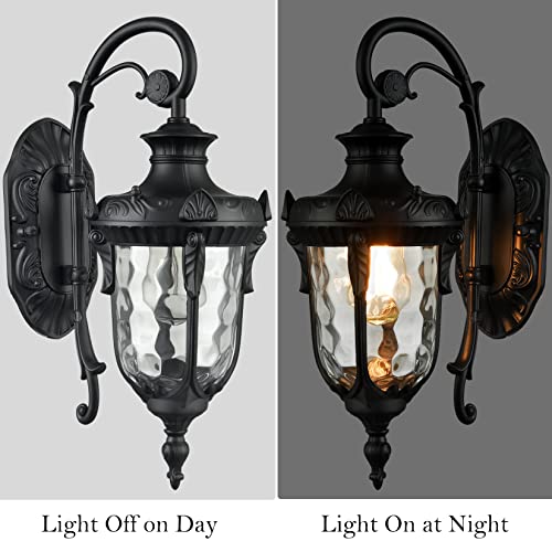 Samteen Outdoor Wall Light Fixtures Black 15.8" H Exterior Wall Lantern With Hammered Glass Shade Wall Sconce Waterproof Outside Porch Light For House Yard Doorway #TOP6