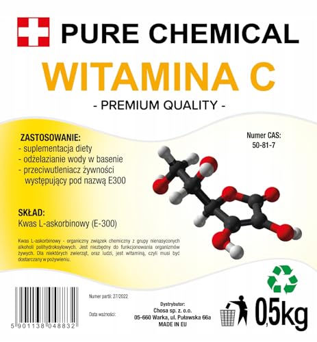 PURE CHEMICAL - Vitamin C für Poolwasser - Ascorbinsäurepulver für Pool - L-Ascorbinsäure - Höchster Qualität - Reinigung von Schwimmbädern - Poolreiniger - Wasseraufbereiter (0,5kg)