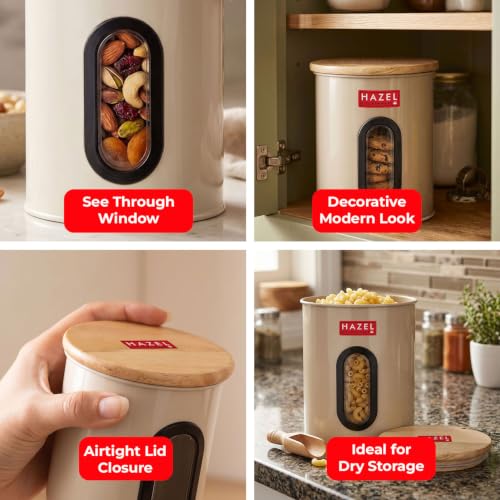 Image of HAZEL Kitchen Storage Airtight Container with See Through Window & Wooden Lid 1200ml