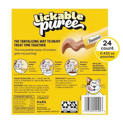 Temptations Creamy Puree Squeezable Lickable Cat Treats, Wet Cat Treats with Chicken, 0.42 oz. Tubes, 24 Count