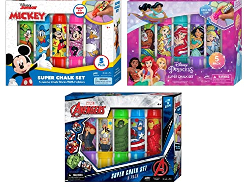 JA-RU Disney & Marvel Jumbo Sidewalk Chalk for Kids with Chalk Holder (3 Sets, 5 Chalks Each) – Washable Colored Chalk for Outdoor Play & Classroom Use, Birthday Gifts. ABC-6904-3