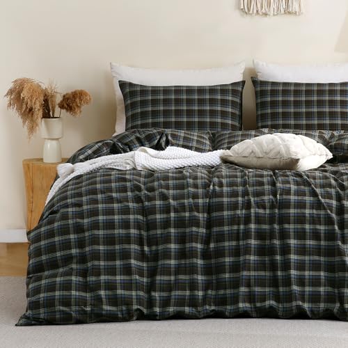 Image of TOCOMOA Buffalo Plaid Duvet Cover Set 100% Washed Cotton Like Linen Feel Super Soft Comfy 3 Piece Brown Blue Gingham Checkered Bedding Comforter Cover Set (Full 90 inchx90 inch, Comforter Not Included)