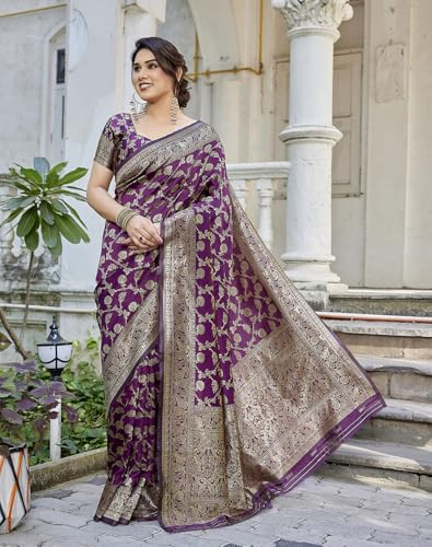 Image of Yashika Women's Trendy Pure Banarasi Kanjivaram Saree with Blouse Material