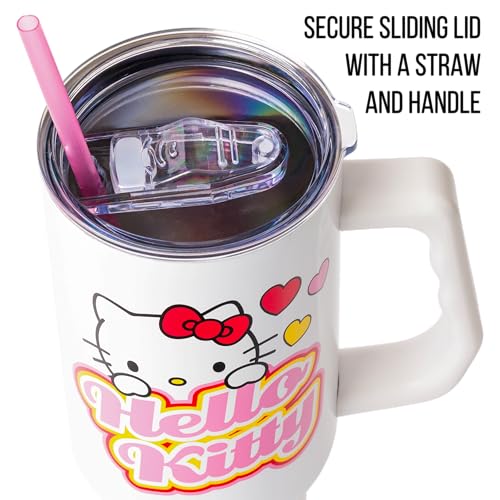 Image of Silver Buffalo Sanrio Hello Kitty Name and Hearts Double Walled Stainless Steel Tumbler with Handle and Straw, Fits in Standard Cup Holder, 40 Ounces