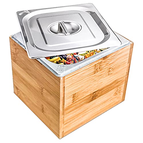 Exfoil Compost Bin Kitchen, Countertop Compost bin with lid & Bamboo Wooden Box, Compost Bucket- 0.75 Gal Smell Proof, Indoor Compost Bin with Stainless Steel
