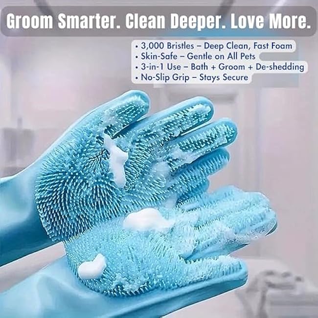 1# Pet Grooming Gloves | 2 in 1 Silicone Bath & Deshedding Mitts for Dogs, Cats & Rabbits | Safe Non Electric Hair Remover | Quick Foam, Massage & Easy Cleaning | 1 Pair (Pink)-BINv10UC
