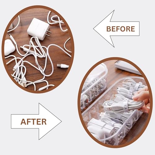 Image of Hian Transparent Rectangular PET Plastic Cable Organizer Box with Lid - 7 Compartment Storage & Wire Management for USB, Data Cables, Small Accessories, Stationery for Home & Office, Pack of 1