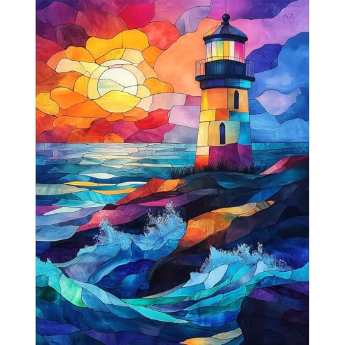 DAERLE Pintura Acrilica por Números para Adultos y Principiantes, Faro Vidriera, Acuarela Painting by Number Kit con 3 Pinceles, decoración para el hogar 30x40cm Sin Marco, Escena oceánica