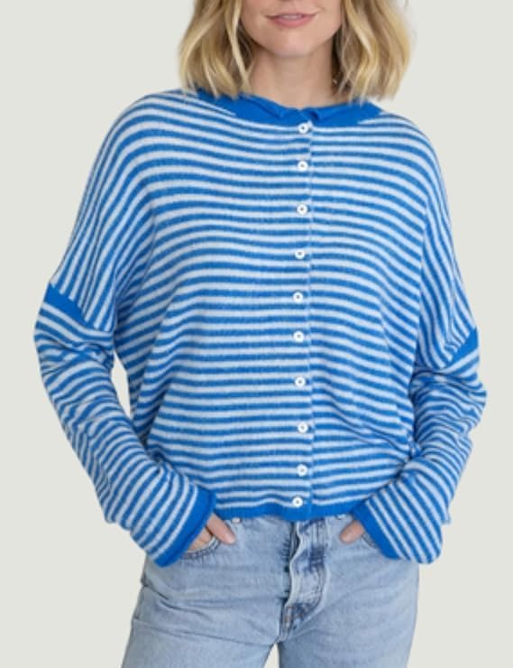 Esmeling Women Button Down Striped Cardigan Crew Neck Long Sleeves Sweater Open Front Knit Outerwear - Image 4